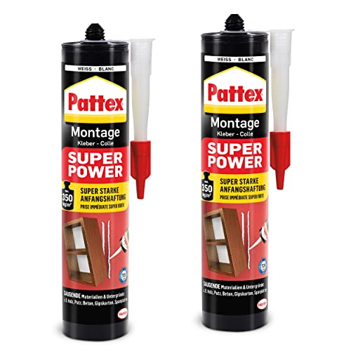 Pattex Montagekleber Super Power, Baukleber mit superstarker Anfangshaftung, Kraftkleber für saugende Materialien, Kleber für innen & außen, Aktionspack mit 2 x 370g, 9H PXS37