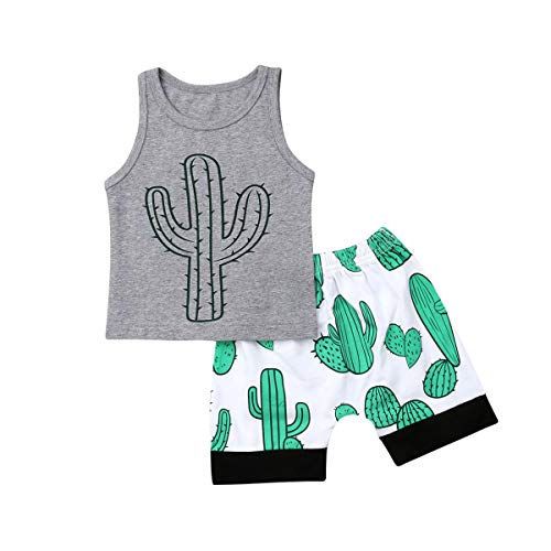 Newborn Baby Boy Sleeveless Hooded Top Vest T-Shirt & Short Set Toddler Boy Outfit Summer Clothes Tracksuit (Cactus, 12-18 Months)