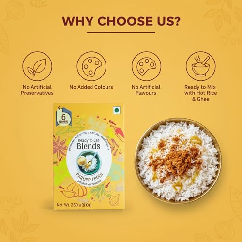 Image of 6Flavors Paruppu Podi Powder 250g | Dal Rice Mix Powder | Protein Rich South Indian Chutney Powder for Idli, Dosa & Rice | Toor Dal & Channa Dal Podi Masala | No Onion No Garlic No Preservatives