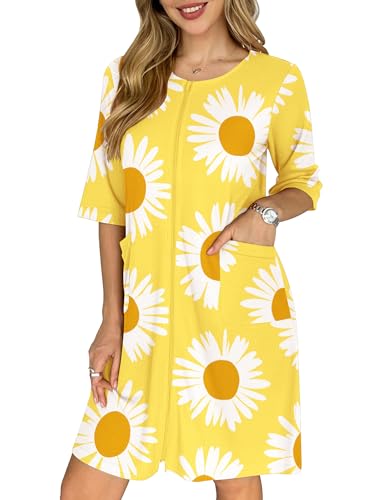 Image of Ekouaer Zip Up Robes for Women Short Waffle Bathrobe Lightweight Knee Length Housecoat with Pockets Nightgown(Yellow Floral)
