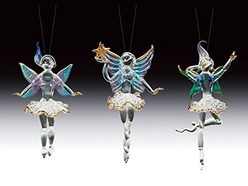 EverspringImports Blown Glass Set of 3 Assorted Fairy Ornaments Gold Trim 5.25