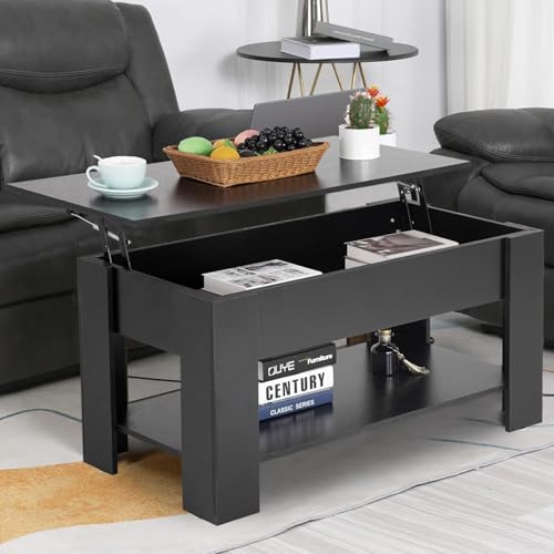 39' Lift Top Coffee Table with Hidden Compartment, Storage Shelf and Sturdy Lift Tabletop Design, Wooden, Extra Storage Space, Multifunctional for Living Room, Office, Black