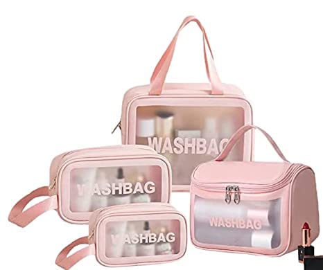 kindred Transparent Travel Pouch Makeup Cosmetic Storage Toiletry Kit Makeup Pouch Jewellery Bag Travelling Organiser Toiletry Kit. (3 pcs Combo -1 Hanging wash Bag -Pink)-picture-31