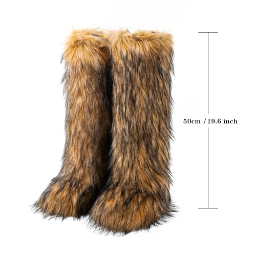 IXU Women's Faux Fur Boot Furry Fluffy Round Toe Suede Winter Comfy Plush Warm Short Outdoor Indoor Flat Shoes Knee-High Boots3