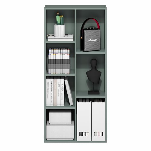 Image of Furinno LUDER Book Shelf, 7-Cube Bookshelf, Bookcase with Open Shelves, 9.4 x 19.5 x 41.7, Easy Assembly, for Living Room, Bedroom, Home Office, Sage Green
