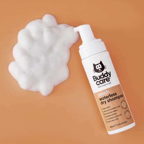 Buddycare No Rinse Wasserloses Trockenshampoo für Katzen (200 ml) | Pfirsich-Katzen-Shampoo für empfindliche Haut | schnell trocknend, natürlich, einfach zu verwenden für frisches, trockenes