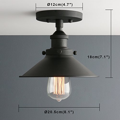 Image of Phansthy Industrial Semi Flush Mount Ceiling Light, 1-Light Pendant Light with 8.1 inch Metal Shade, Vintage Hanging Lamp for Bedroom Kitchen Living Room Dining Room (Cone Metal Shade -Black)