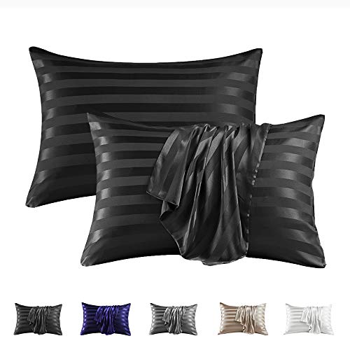 Image of MR&HM Satin Pillowcase for Hair and Skin, 2 Pack Silky Satin Pillow Cases No Zipper, King Size Pillow Covers with Envelope Closure (20x40, Black Striped)