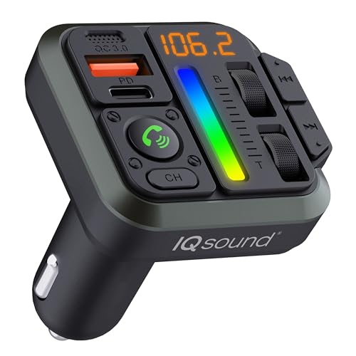 IQ Sound IQ-311BT 2-in-1 FM Bluetooth Transmitter & Car Charger with Bass & Treble Control, Wirelessly Stream Calls & Music, Hands-Free Mode, LED Display, Fast-Charging, Siri/Google Voice