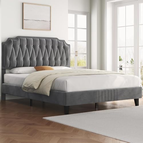 Yaheetech Queen Bed Frame Velvet Upholstered Platform Bed with Curved Headboard, Height-Adjustable Headboard/Noise-Free/Wooden Slats Support/No Box Spring Needed/Easy Assembly, Dark Gray Queen Bed