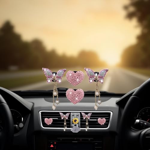 Image of 4 Pcs Pink Heart and Butterfly Pandent Air Vent Clips, Bling Heart Air Fresheners Vents Clips Diamond Car Interior Decor Bling Cute Car Accessories + Sunflower Mask Hook