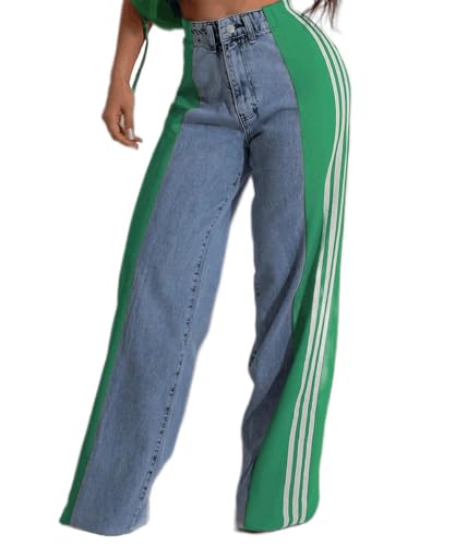 knowfashionstyle Womens Jeans High Waisted Wide Leg Patchwork Stripes Stretchy Jean Color Block Straight Trendy Demin Pants Green L