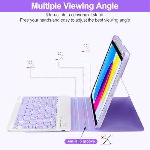 Image of COO Keyboard Case for iPad 11th A16 /10th Gen | Detachable Bluetooth Keyboard, Pencil Holder, Auto Wake /Sleep, 3 Angles, Shockproof PU TPU Cover, Purple