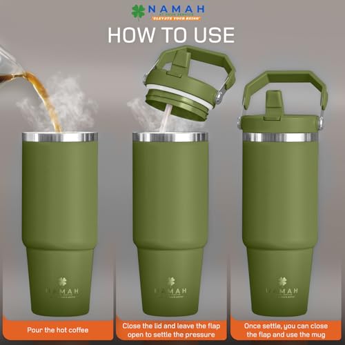 Image of Namah 890 ml Stainless Steel Tumbler with Straw, Lid & Top Handle, Leak Proof Vacuum Insulated Tumbler Water Bottle, Hot & Cold Sipper Bottle for Adults, Office Gym Travel, Car Cup Holder Friendly