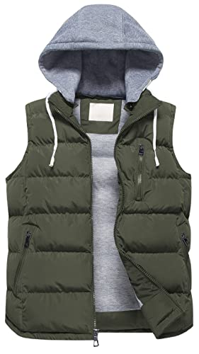 Creatmo Us Men's Thicken Winter Vest Water-Resistant Puffer Jacket Thicken Vest With Removable Hood Army Green L #TOP16