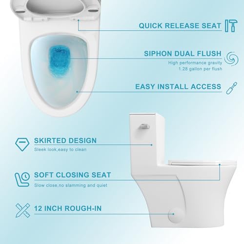 Inodoro de una pieza alargado, compacto, con asiento de cierre suave y kit completo de instalación, altura ADA para sillas, descarga de alta eficiencia de 1,28 GPF, distancia de instalación de 12 pulgadas, color blanco miniatura 5