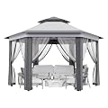 Klysiora 13'x13' Pop Up Gazebo Hexagonal Outdoor Canopy Tent with Mosquito Netting Dual Vent Roof Awning Waterproof, UV Resistant Height Adjustable for Backyard, Patio, Deck, Lawn Parties - Gray