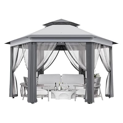 Klysiora 13'x13' Pop Up Gazebo Hexagonal Outdoor Canopy Tent with Mosquito Netting Dual Vent Roof Awning Waterproof, UV Resistant Height Adjustable for Backyard, Patio, Deck, Lawn Parties - Gray