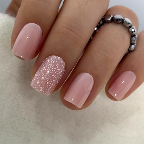 Curvlife Press On Nails Short Square Pink - Snowflake Glitter Press on Nails with Glue, White Snowflakes Sparkle Glossy False Nail Tips for Women Winter Christmas