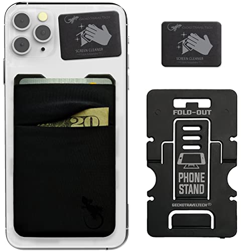 Double Pocket Gecko Phone Wallet - Adhesive Card Holder - Cell Phone Pouch - Stick on Spandex Pocket by Gecko - Carry Credit Cards and Cash – (BLACK-BLACK)