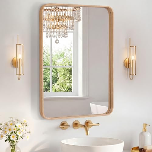 Image of Sweetcrispy Bathroom Mirror 30x22 Inch Metal Framed Rounded Rectangle Vanity Mirror for Wall, Over Sink, Farmhouse, Restroom, Anti-Rust, Modern Decorative, Horizontal or Vertical Hanging, Wood