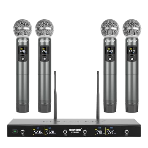 Phenyx Pro Wireless Microphone System, Metal Wireless Mic Set with 4 Cordless Mics, 4x25 UHF Adjustable Frequencies, 200ft Range, Dynamic Microphones for Singing, Karaoke, Church, DJ (PTU-5200)