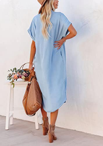 Image of chouyatou Women's Summer Loose Hand Pocket Midi Long Tunic Denim Shirt Dress