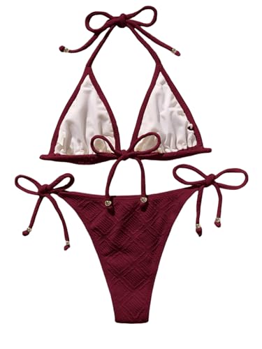 GORGLITTER Triangle Bikini Damen Set Neckholder Badeanzug 2- teiler Bademode Bauchweg String Strandmode Swimmsuit Urlaub Outfit Bordeaux M-2