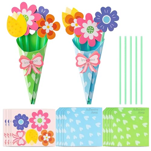 LJalin 12 Stück Muttertag Blumen Basteln für Kinder Blumenstrauß Papier Bastelset Kinder Blumenstrauß Bastelset Blumen Papier Kreativset DIY Blumen Basteln Grußkarten für Muttertagsgeschenk