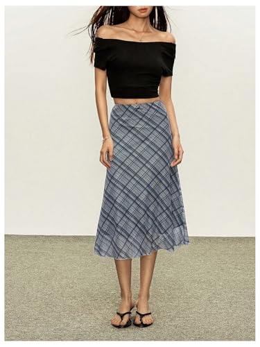 MakeMeChic Women's Y2k Plaid Gingham Skirt Mid Waist Fishtail Mid Skirts4
