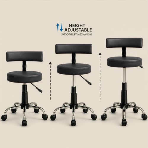 Image of DIYA Seating Chrome Rolling Study Flex Stool (1 Year Warranty) - Black | Lift & Swivel Adjustable Height Salon Flex Stool w / Foot Rest, Compact Seating for Home Office Shop Study Use -(44 inchx47 inchx83 inch)