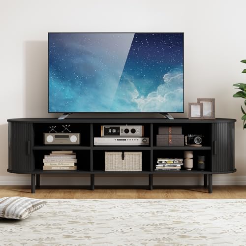 Image of 70.8 inch TV Stand with Power Outlet, Mid-Century Modern Television Stand, Fluted Media Console with Sliding Doors, Entertainment Center for TVs up to 60 Inch, Adjustable Shelves, Black