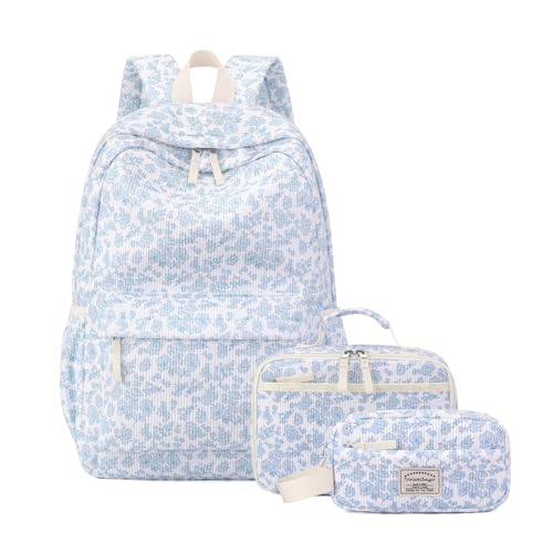 Tanweibago Backpack for Girls Boy Teen Corduroy Bookbags Elementary Middle High School with Lunch Box Pencil Bag (Flora Blue)