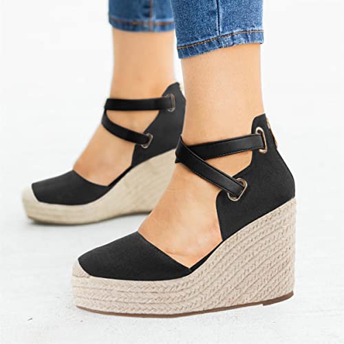 Image of PiePieBuy Womens Wedge Espadrille Ankle Strap Closed Cap Toe Platform Heeled Sandals