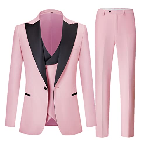 Slim Groom Smoking Hochzeit Mann Anzug 3 Stück Anzüge für Herren Schwarz Spitz Kragen Revers Anzug Rosa M