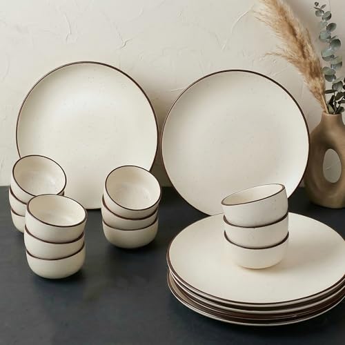 Image of The Earth Store Creme Matte Ceramic Dinner Set, 18 Pieces Includes 6 Full Dinner Plates & 12 Vegetable Bowls Microwave and Dishwasher Safe,Dinner Sets | Crockery Set for Gifting & Dining