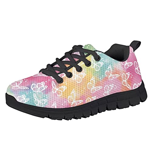 HUIACONG Rainbow Butterfly Kids Lightweight Anti-Skid Sneakers Tie Dye Style Girls Running Sport Shoes foe Size 4 Boys Lacing Trainers Children Athletic Tennis Shoes