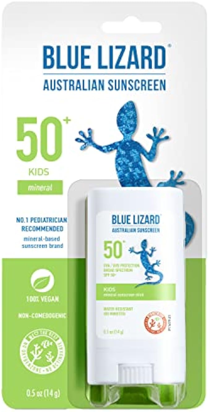 BLUE LIZARD Mineral Sunscreen Stick with Zinc Oxide SPF 50+ Water Resistant UVA/UVB Protection Easy to Apply Fragrance Free, Kids, Unscented, 0.5 oz