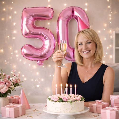 Image of Rozi Decoration Number 50 Pink Color Foil Balloons for Happy Birthday Decoration, 50th Wedding Anniversary Party Balloons Decorations Pack of 4 Pcs