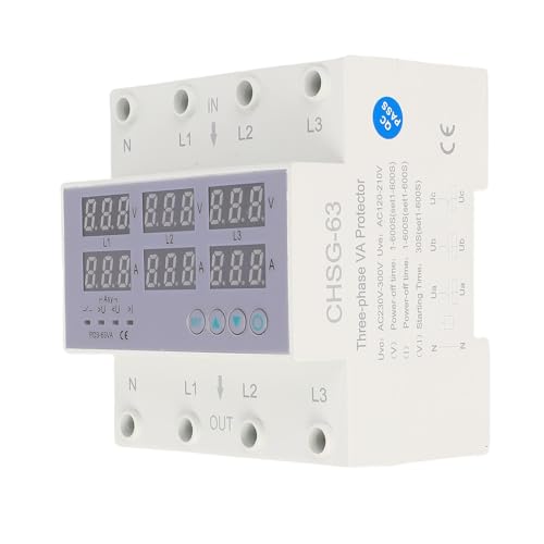 63A Trifase Voltmetro Amperometro su Guida DIN Protezione Sovracorrente Sovratensione Automatica Protezione Sovracorrente Stabilizzatore di Corrente per Protezione Domestica (63A)