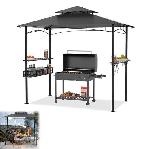 YRHome 2.4x1.5m Grillpavillon Grau BBQ Grillüberdachung mit Doppeldach, 2 Seitenregalen Metallkorb & Haken Wetterfeste Gartenlaube BBQ-Gazebo-Überdachung für Außengrill Party Grillunterstand