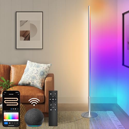 Hzitcigm Lampade da Terra LED, WiFi RGBCW Lampada da Terra Funziona con Alexa/Google Home 16Milioni Colori Musica Sincronizzazione Dimmerabile Moderna Luce Angolare con Telecomando per Soggiorno 147CM