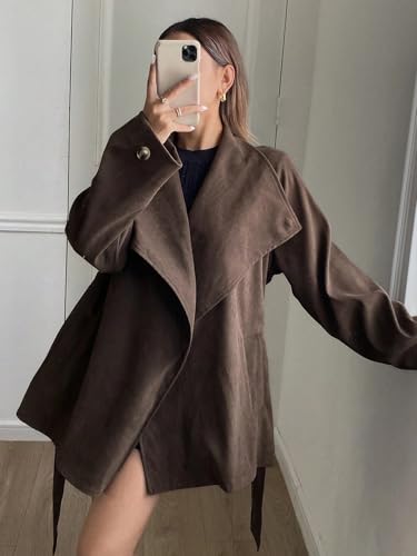 Chic Brown Womens Fall Winter Jacket: Loose Long Sleeve Pocket Belted Trench Coat (Medium) - Image 4