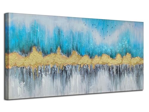 Ardemy Serenity Abstract Wall Art, Blue Gold and Gray Textured Canvas Painting 40"x20" for Living Room, Bedroom, Dining Room & Home Office Decor