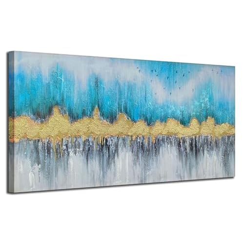 Ardemy Abstract Wall Art Teal and Gold Canvas Art Pictures Wall Decor Living Room Wall Paintings Artwork for Bedroom Dining Room Home Office, 40"x20" 40"L x 20"W Blue and gold
