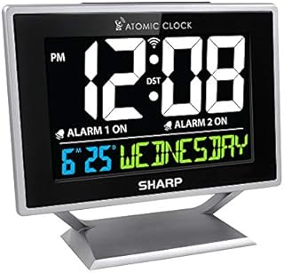 Sharp Atomic Desktop Clock with Color Display - Atomic Accuracy - Easy to Read Screen with Calendar & Day of Week Time/Date Display - Auto Set Digital Dual Alarm Clock - Perfect for Nightstand or Desk