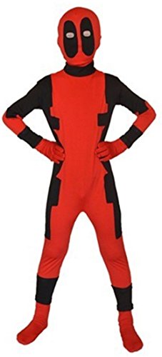 Sheface Kids Red & Black Spandex Deadpool Full Bodysuit Fancy Dress Costume(Medium, Red/Black)