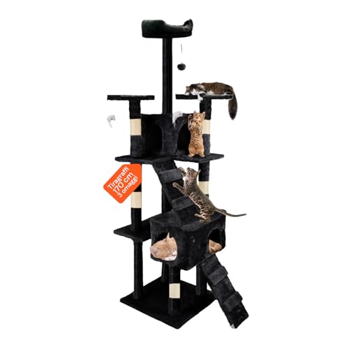 Tiragraffi XXL 170cm con Doppia Cuccia per Gatti Adulti, Albero Giochi in Sisal e Peluche, Piatteforme Relax, Ampio e Sicuro per il Massimo Divertimento dei Gatti Nero