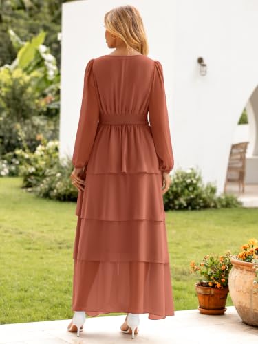 BerryGo Women's Chiffon Maxi Dresses A Line Long Sleeve High Waisted Tiered Swing Holiday Vacation Semi Formal Dress(Caramel,X-Large) — view 5