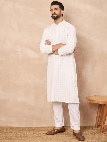 Image of Men's Solid Embroidered Long Straight Kurta | Men's Kurta | Embroidered Chikankari Kurta for Men | Straight Fit Kurta for Men